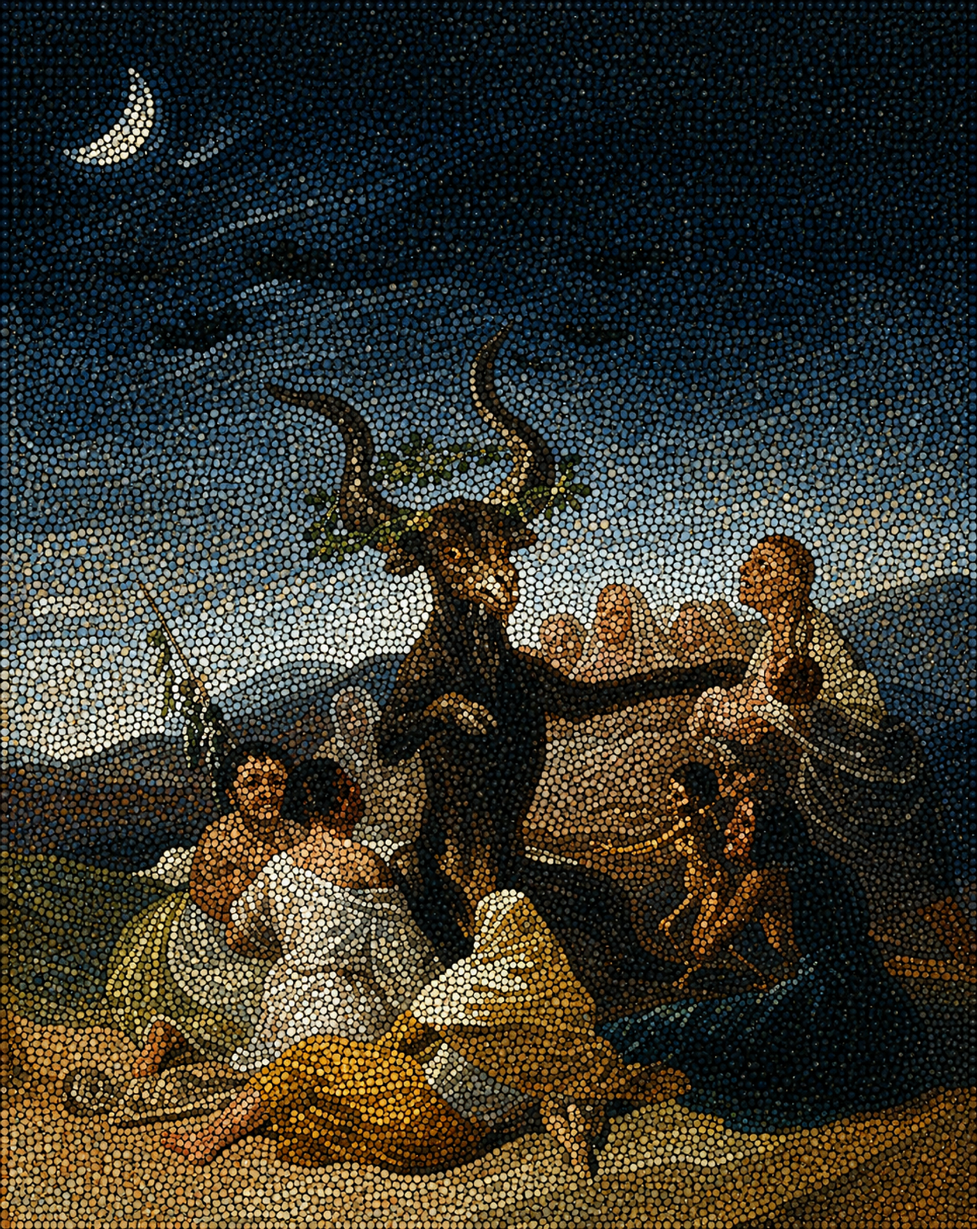 Assemblée de sorcières réunies autour d’une figure sombre sous un croissant de lune, réinterprétée en pointillisme contemporain par Lina Delacour.