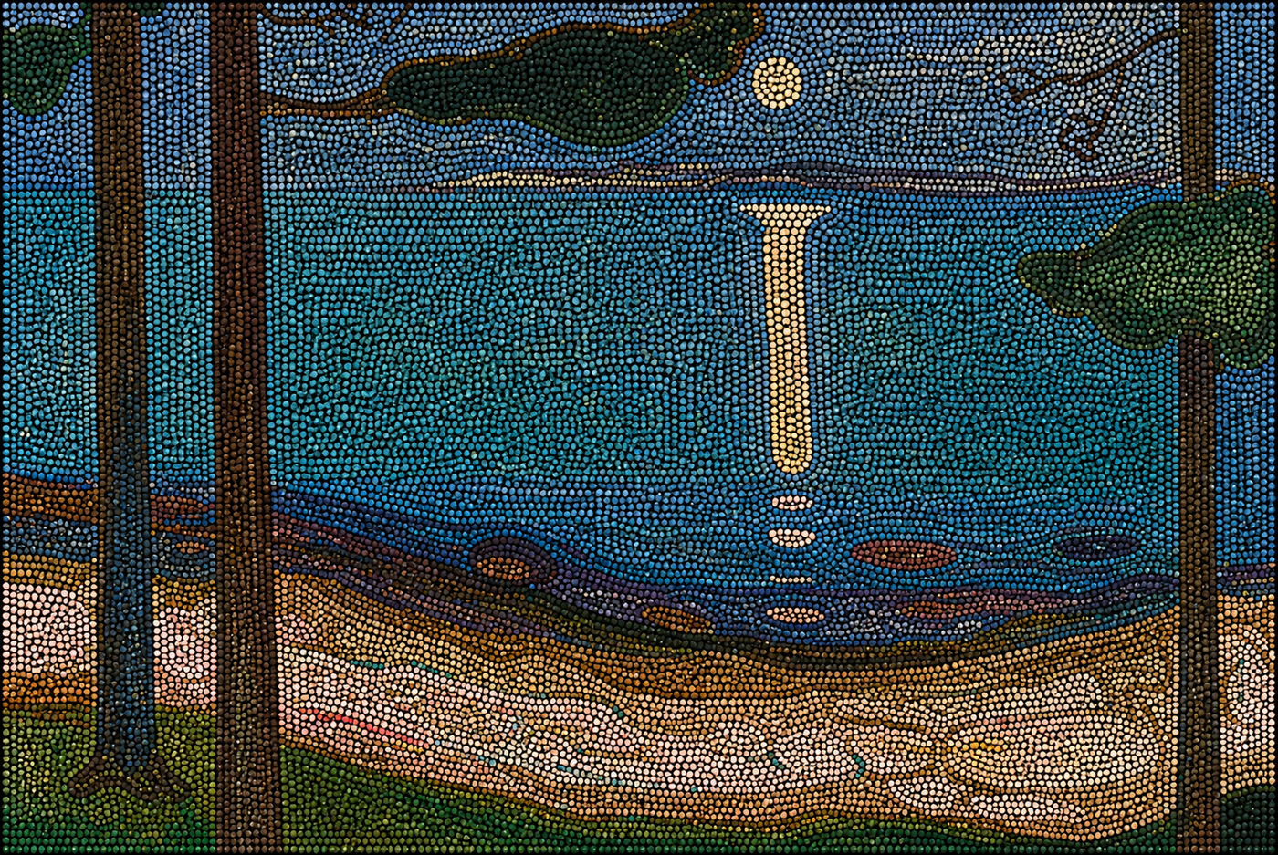 Paysage côtier baigné par la lumière de la lune se reflétant sur l’eau, réinterprété en pointillisme contemporain par Lina Delacour.