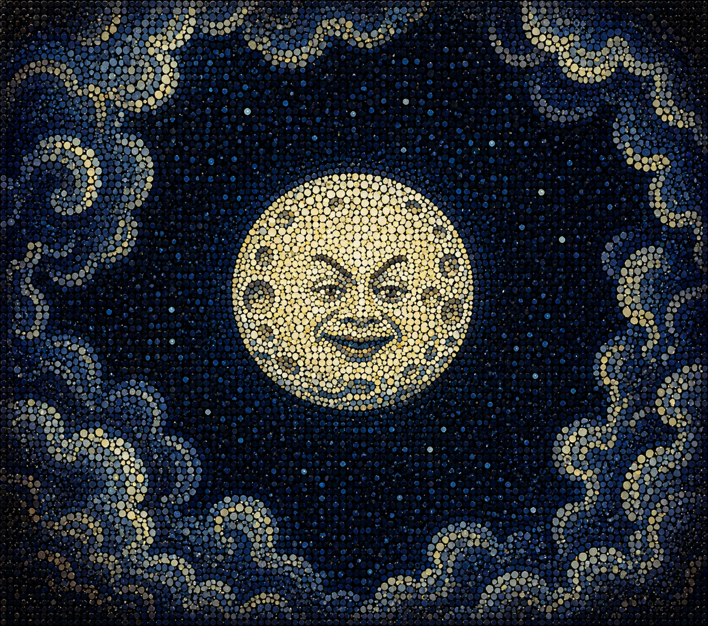 Visage souriant de la lune dans un ciel étoilé, réinterprété en pointillisme contemporain par Lina Delacour.