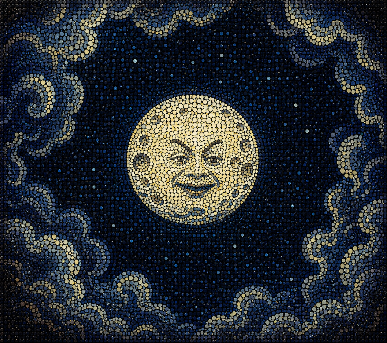 Visage souriant de la lune dans un ciel étoilé, réinterprété en pointillisme contemporain par Lina Delacour.