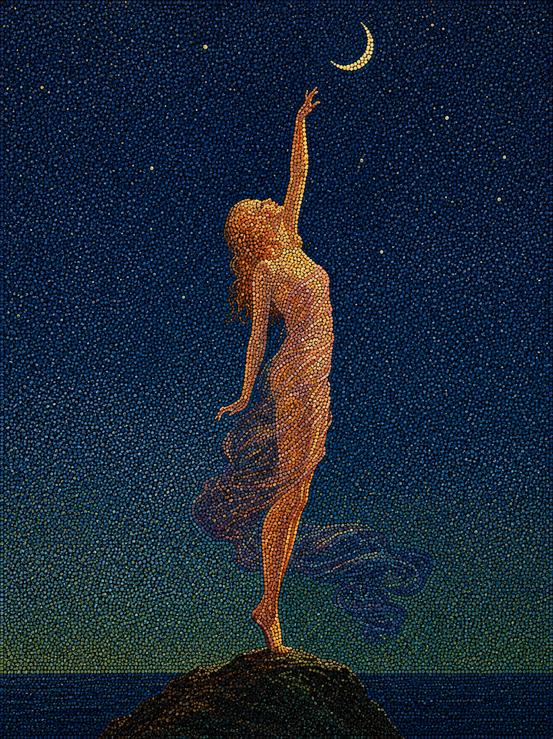 Femme tendant la main vers un croissant de lune, réinterprétée en pointillisme contemporain par Lina Delacour.
