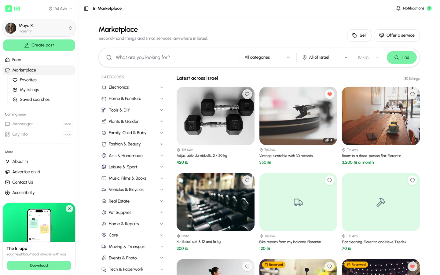 The Iri marketplace on the web: second-hand listings and local services across Israel