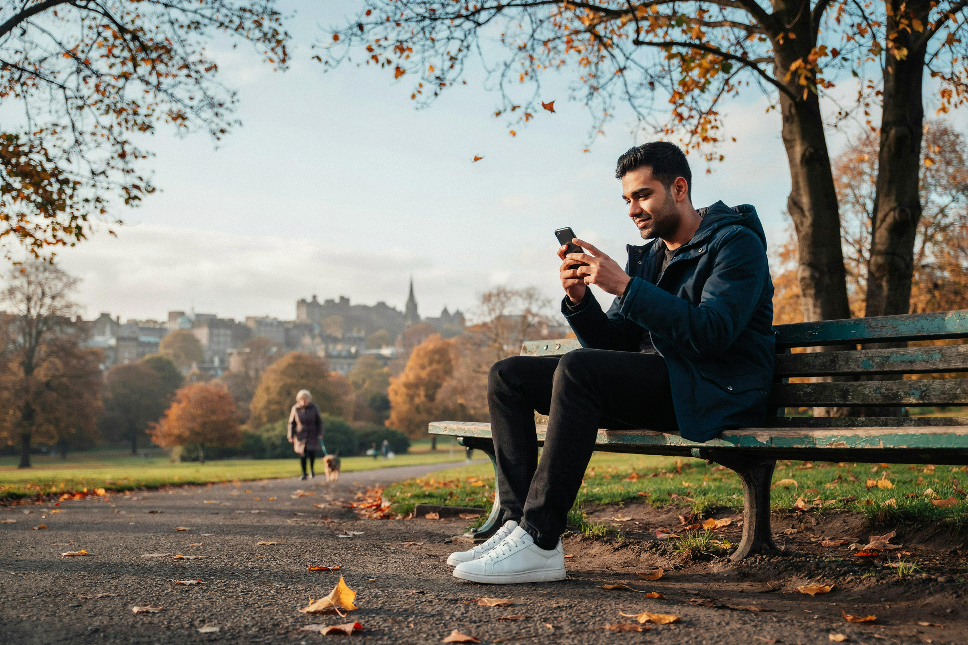 Student on a video call on a bench in Inverleith Park with the Edinburgh skyline behind