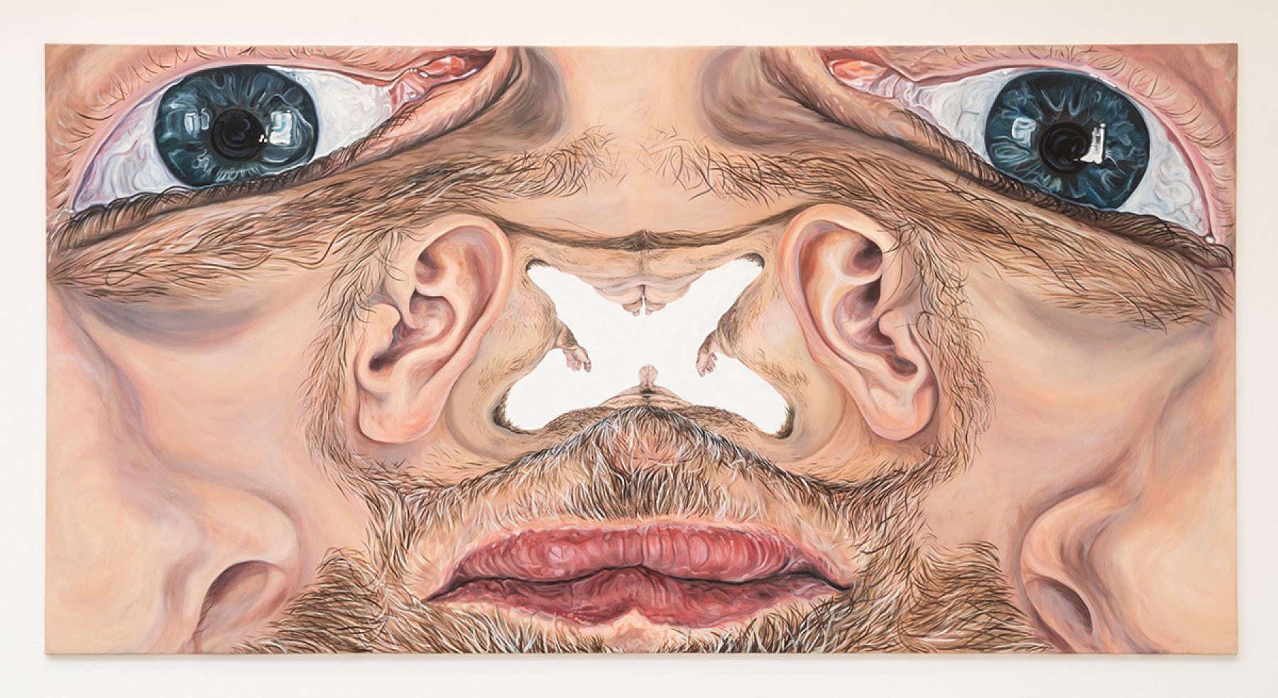 A distorted, kaleidoscopic oil painting by Jana Euler of a bearded man's face. Large blue eyes are mirrored in the top corners, while two ears frame a central, X-shaped white void above a single set of red lips.