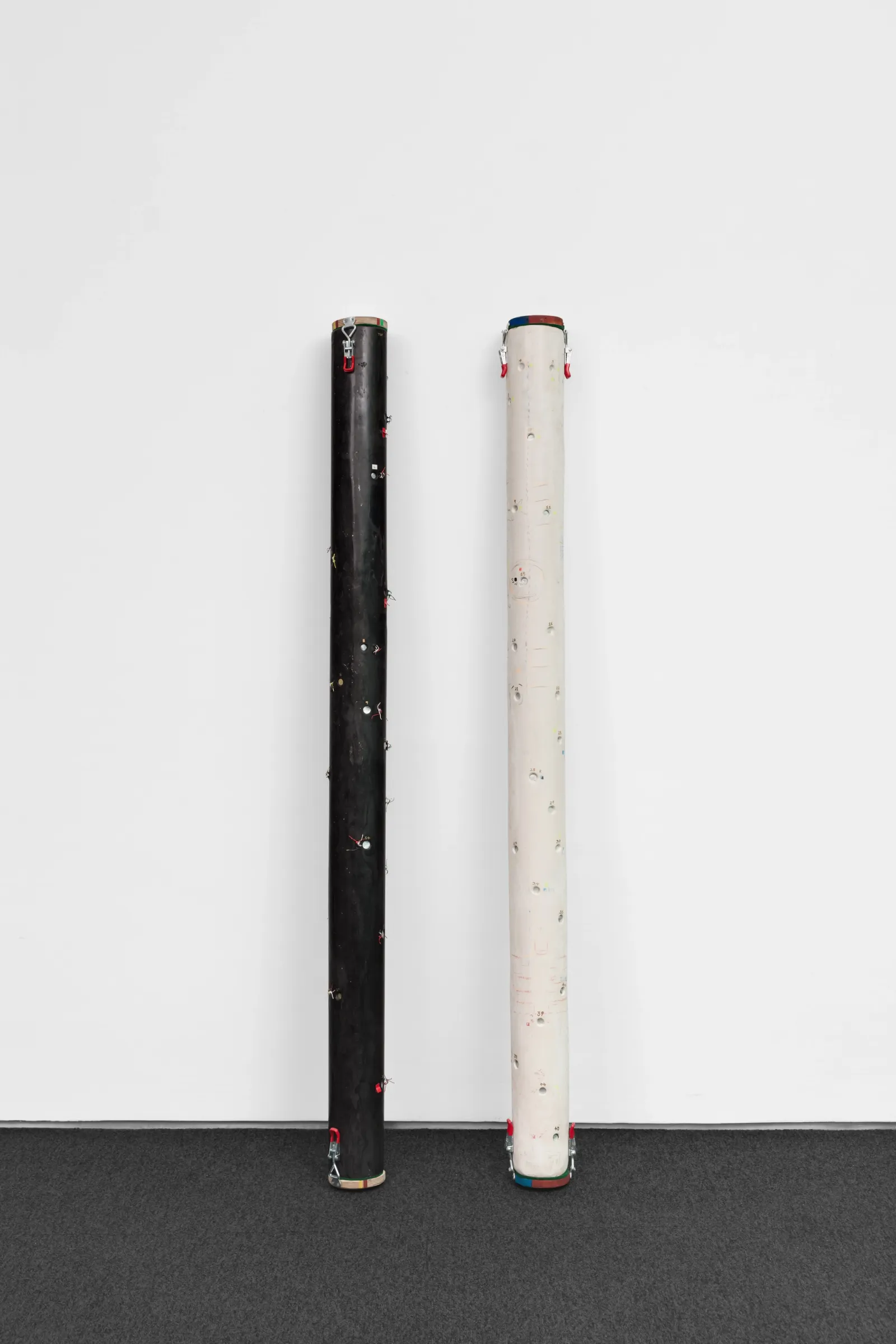 Due fotocamere cilindriche, alte e slanciate, una nera e una bianca, sono posizionate verticalmente contro una parete bianca. Entrambe presentano chiusure metalliche e piccole aperture per l'obiettivo lungo la loro lunghezza.