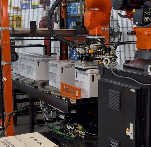 Robotic palletizer at Maintex picking up a case of one-gallon containers from a conveyor.