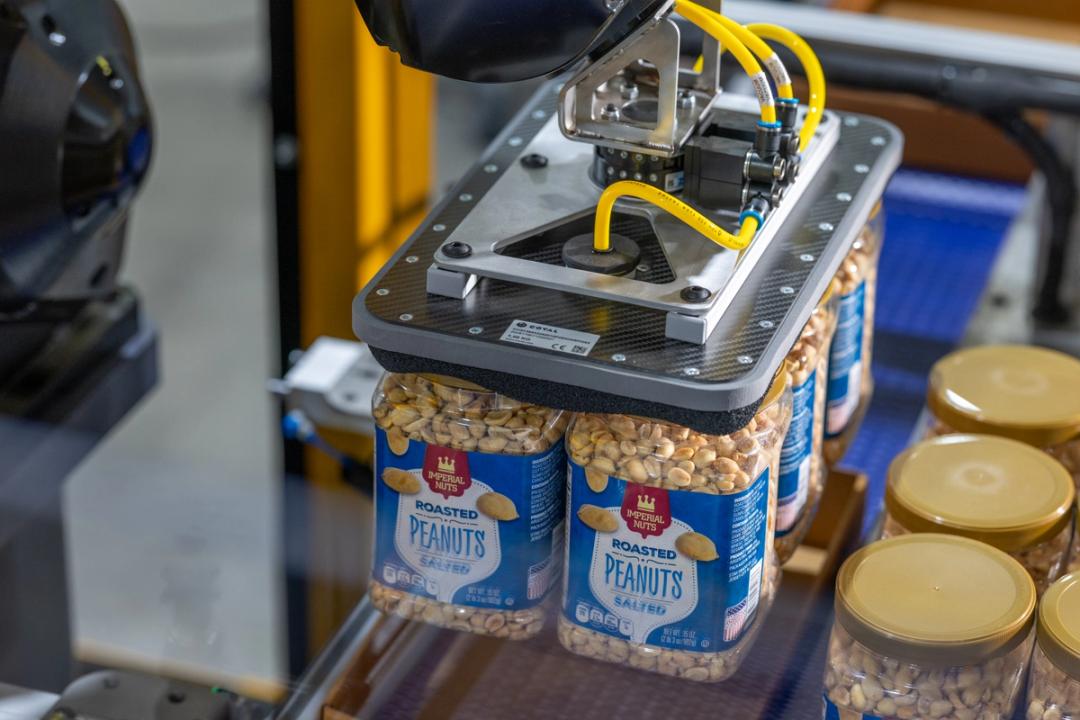 Robotic vacuum gripper lifting jars of roasted peanuts on a packing line