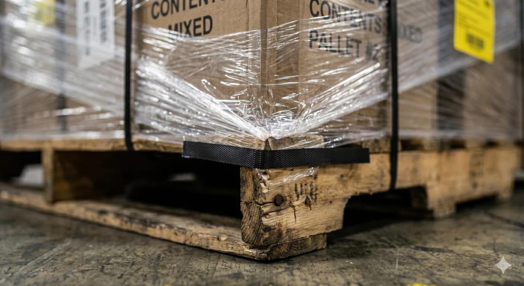 Close-up of stretch-wrapped pallet corner showing automated pallet securement