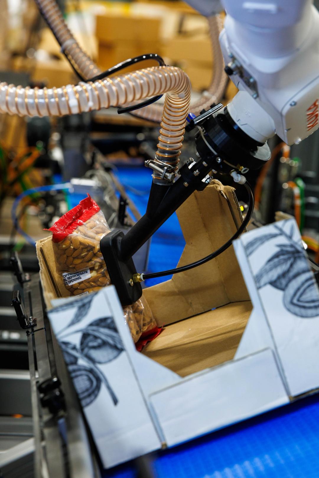 Robotic arm case packing bagged snack products into cartons on a CPG line