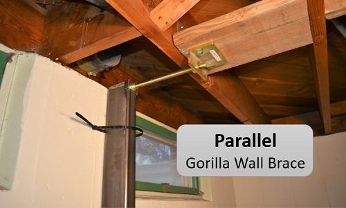 Parallel wall brace installed on basement wall