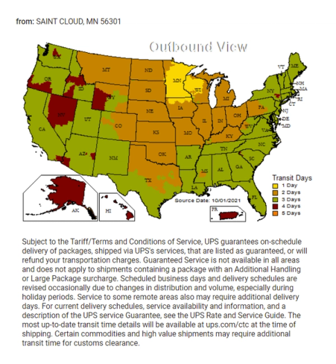 Map of United States showing shipping times for UPS from Saint Cloud, MN for Gorilla Wall Brace orders