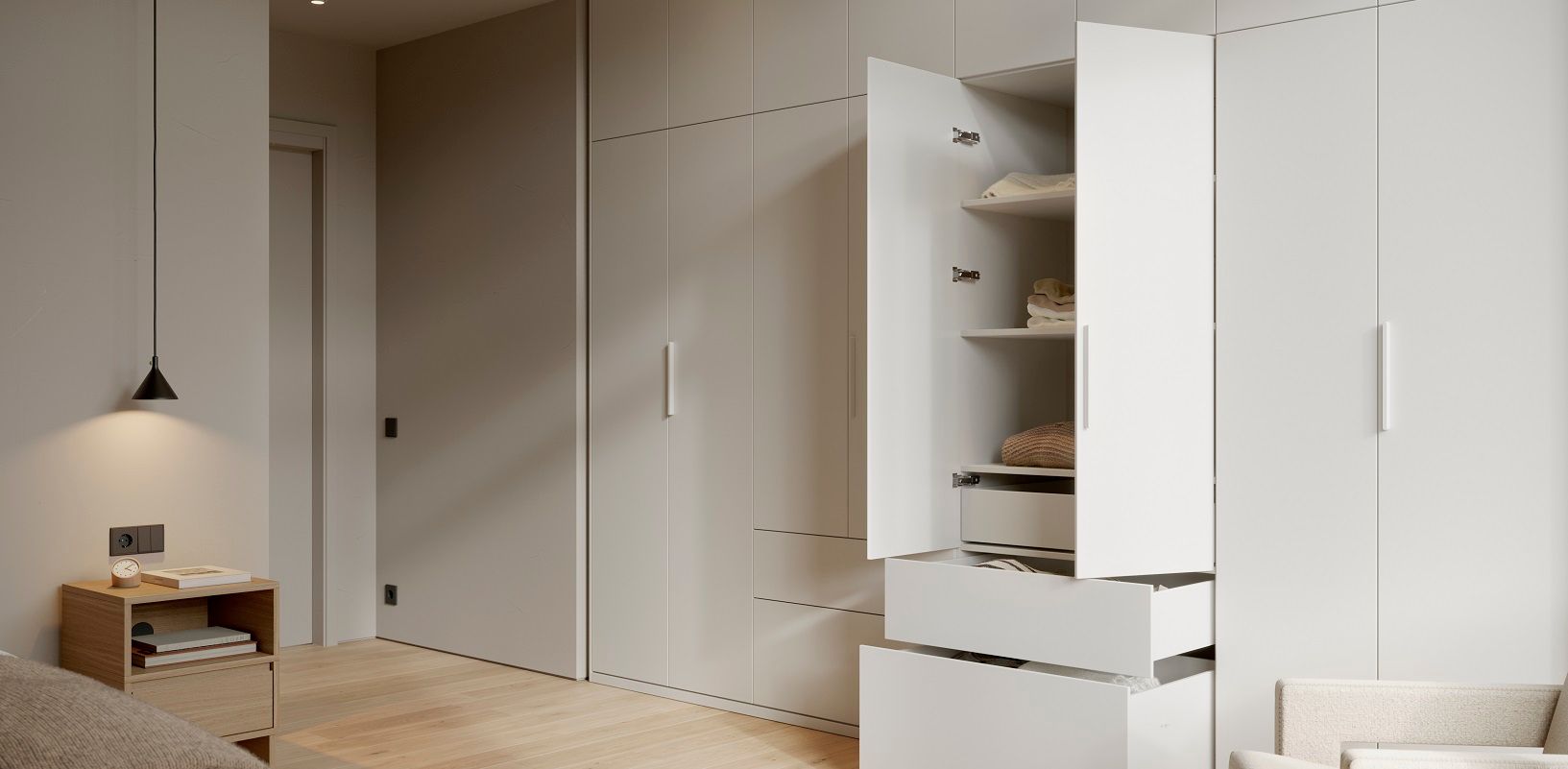 Tone Wardrobe in White with Internal and External Drawers and Rail