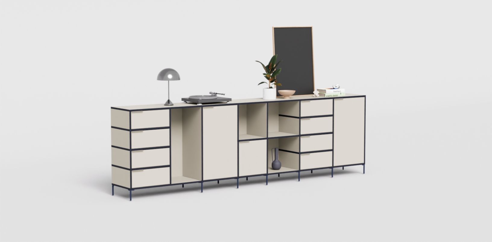 Sideboard in Beige and Blue with Doors and Drawers