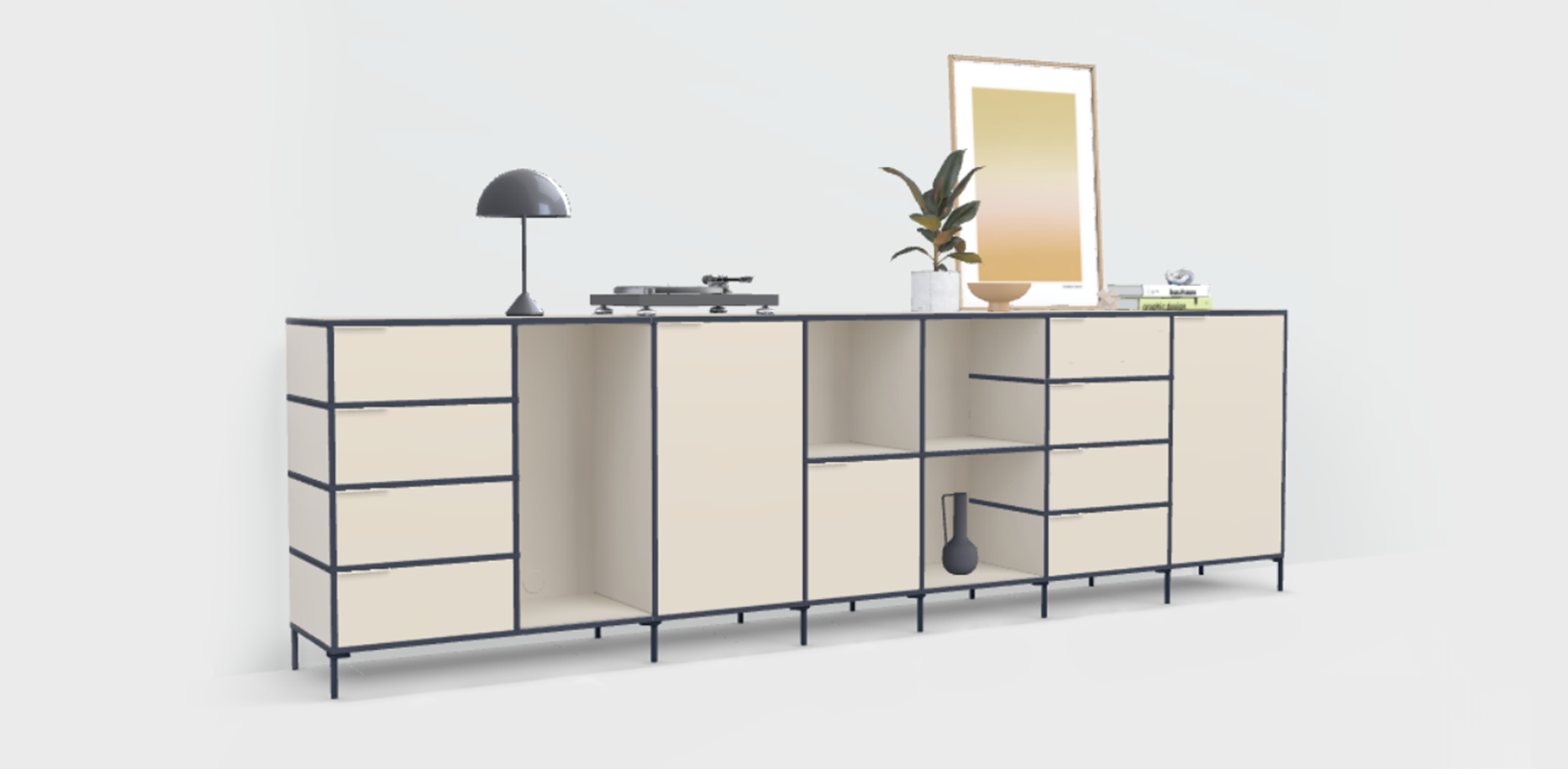 Sideboard in Beige and Blue with Doors and Drawers