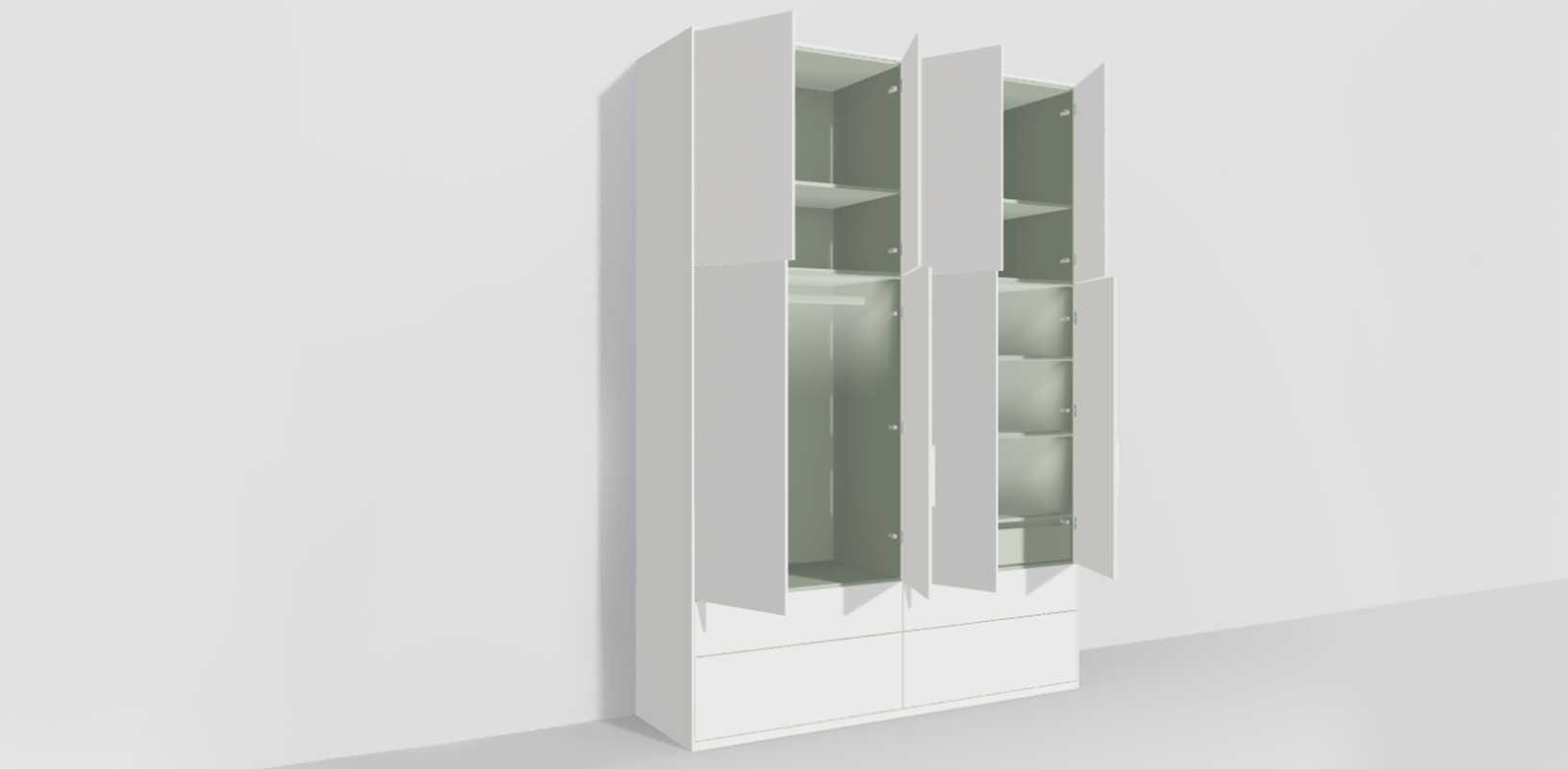 Tone Wardrobe in White and Sage Green with Internal and External Drawers and Rail