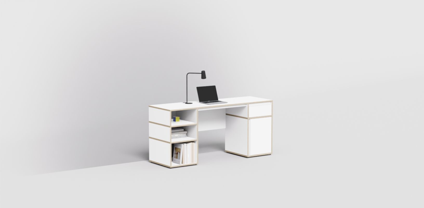  Schreibtisch in Weiß mit Türen und Schubladen