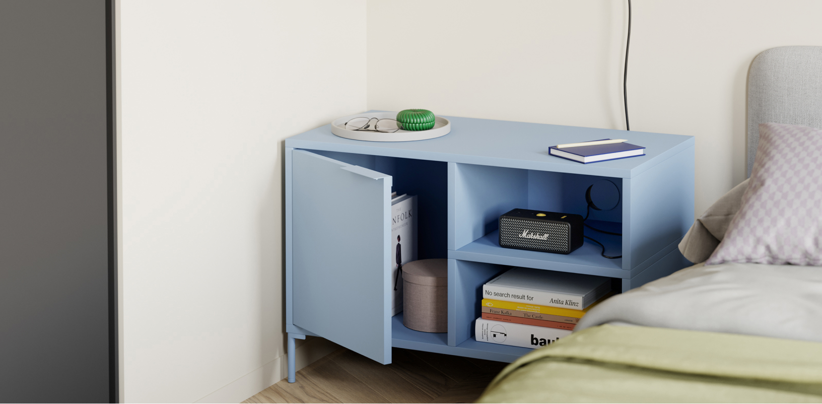 Bedside Table in Blue with Drawers and Backpanels