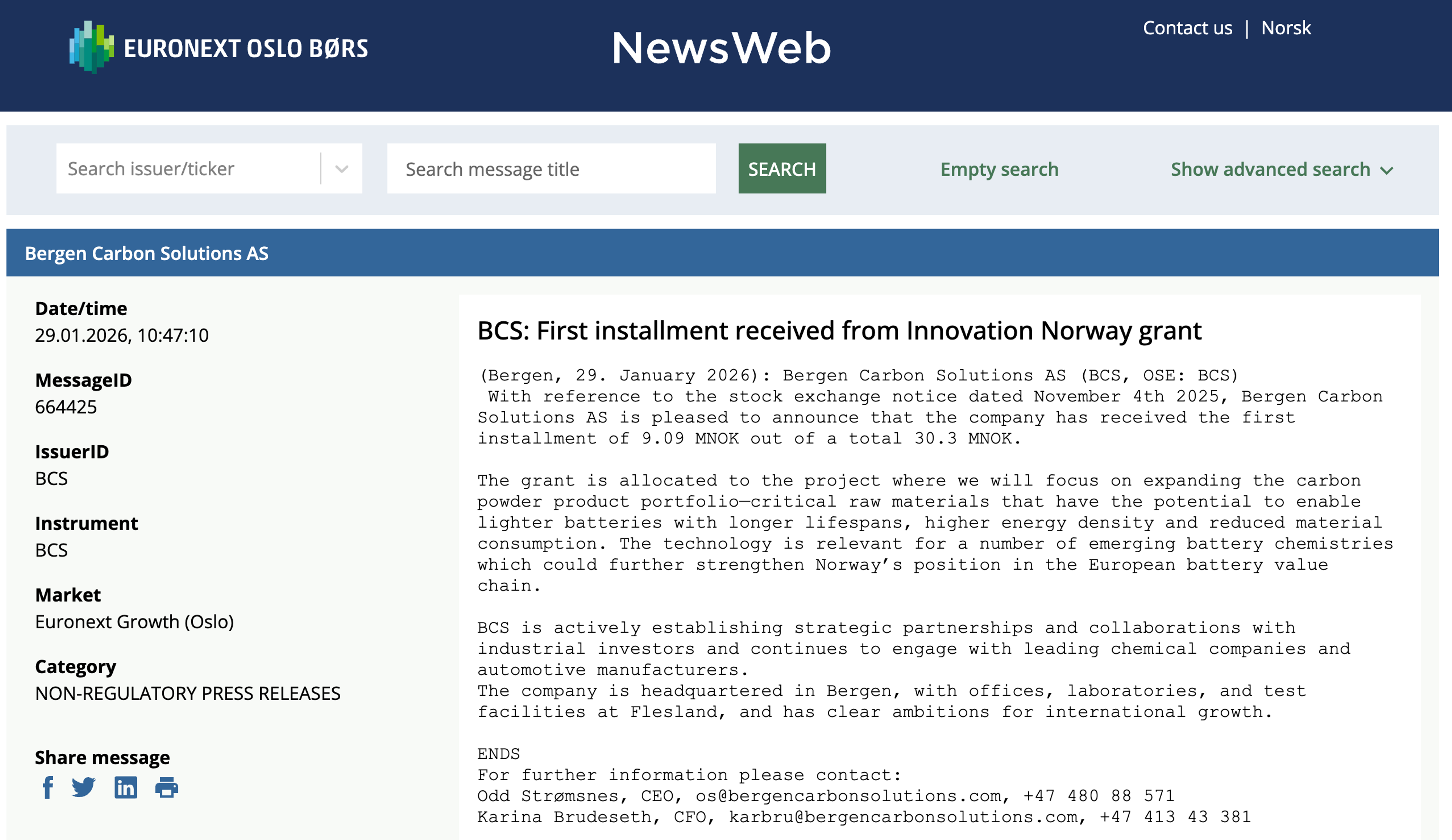 First installment received from Innovation Norway grant