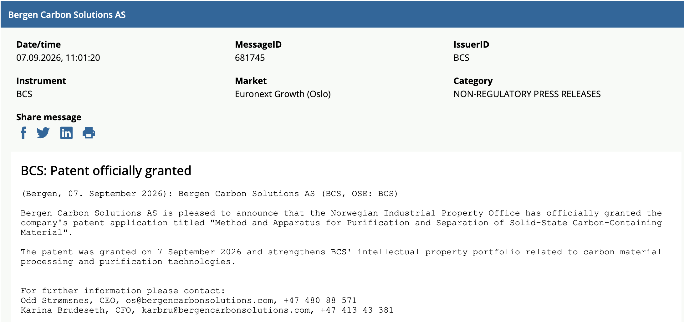 BCS: Patent officially granted