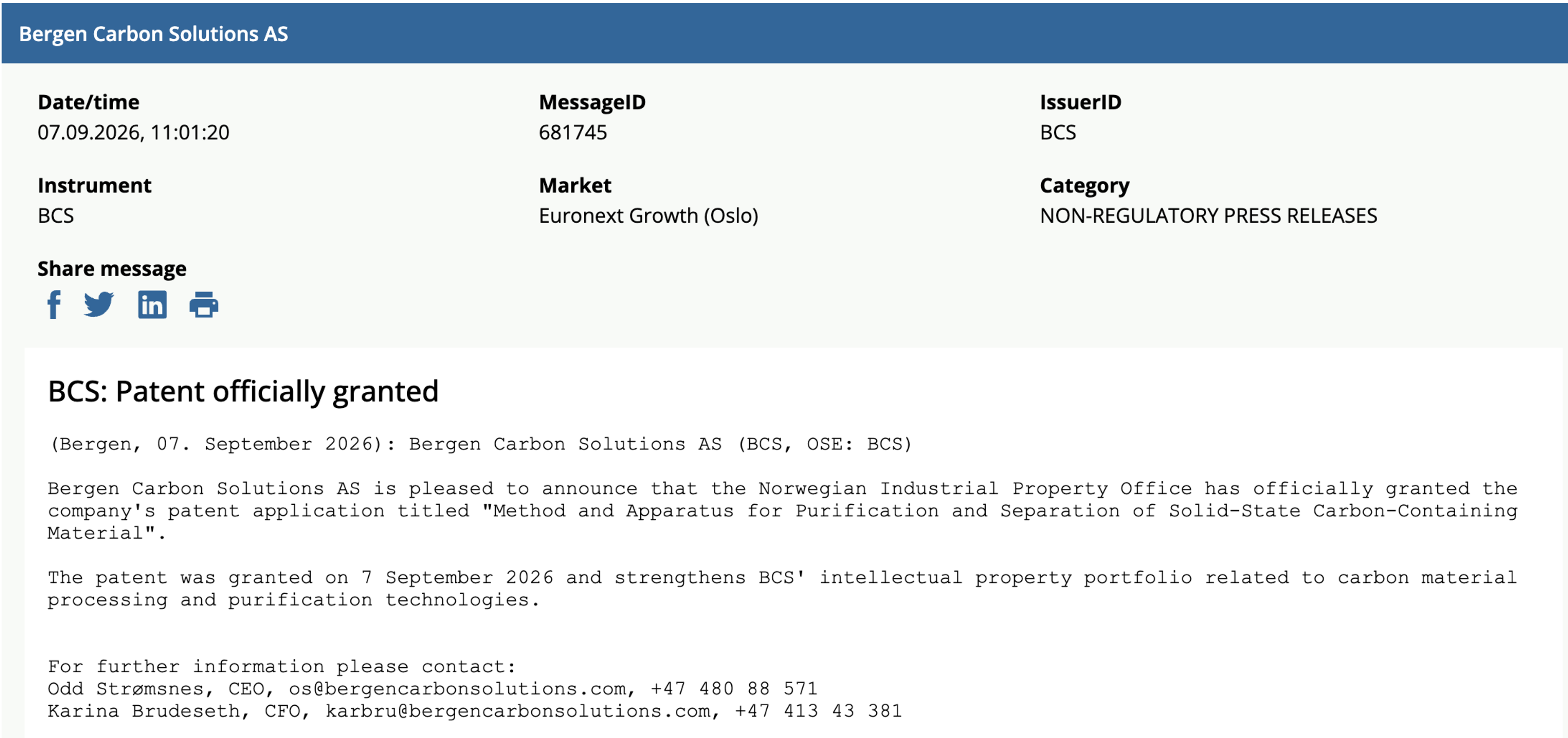 BCS: Patent officially granted