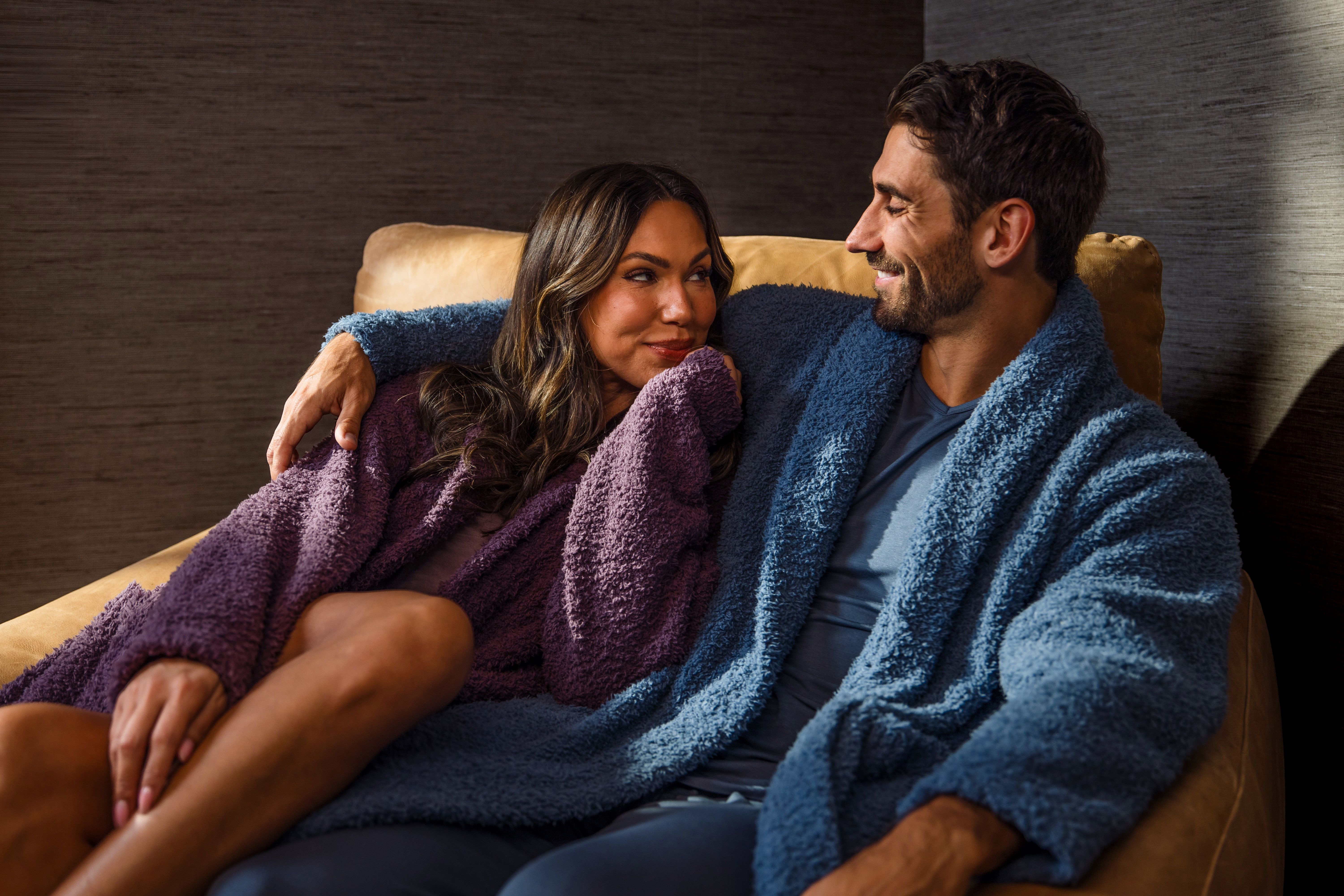 Couple cuddling, enjoying the Drift & Haze Ultra Plush Robes