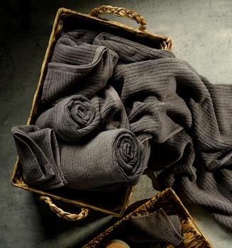 Cobblestone Plush Performance Towels in a basket
