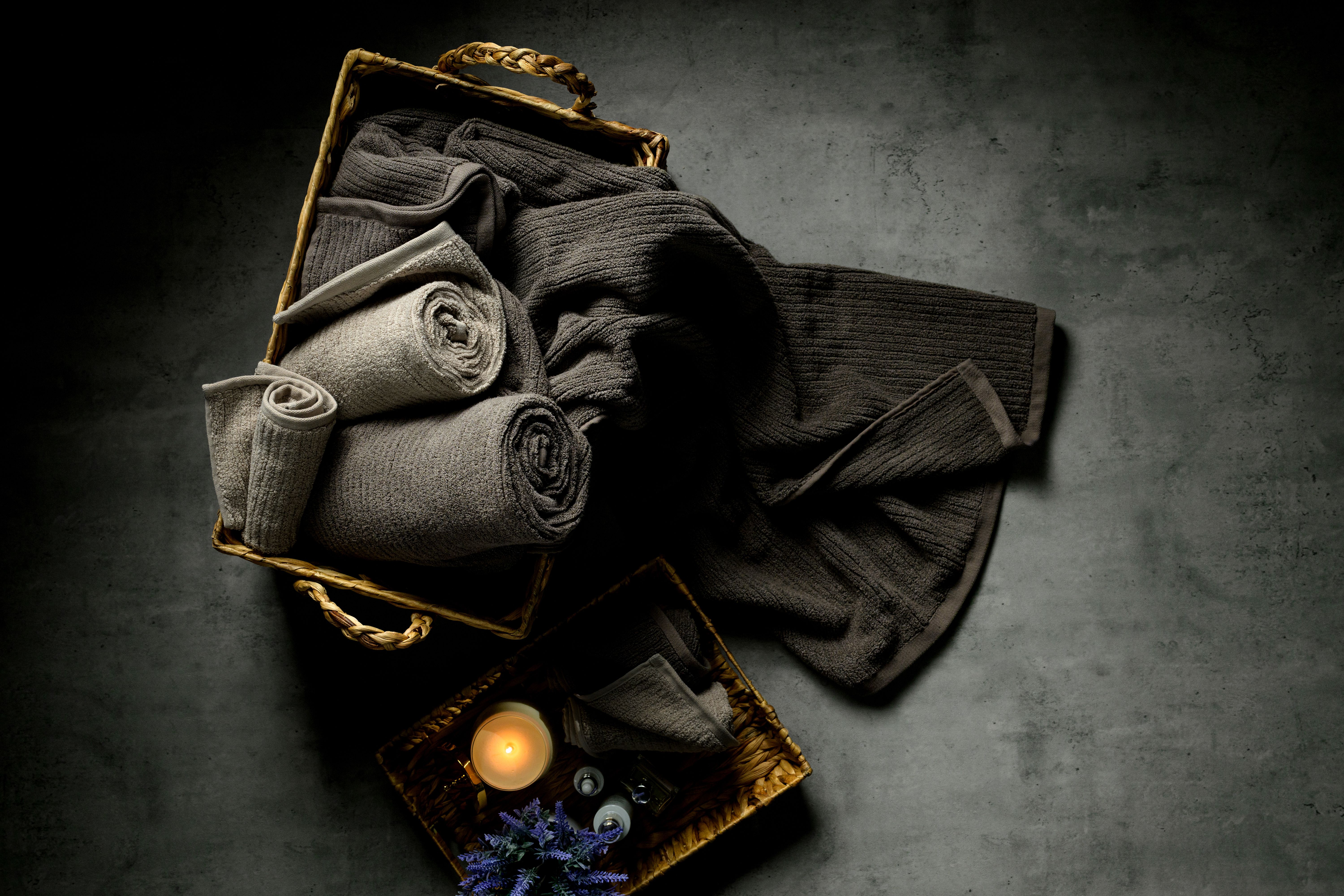 Basket with Cobblestone and Oyster Luxury Performance Towels