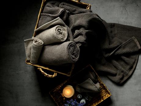 Basket with Cobblestone and Oyster Luxury Performance Towels