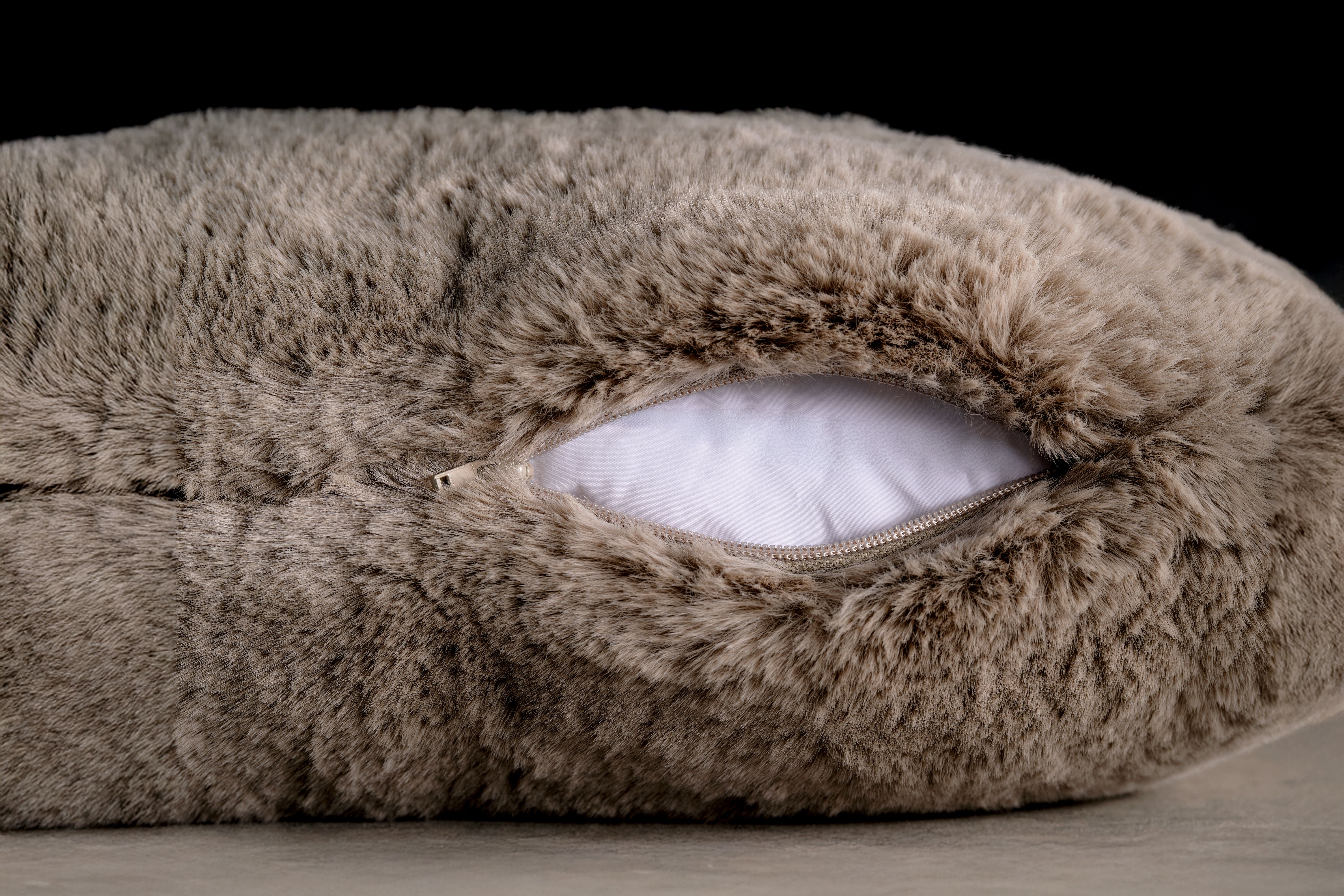 Truffle Faux Fur Pillow zipper detail
