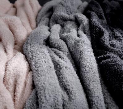 Detail of blush, grey, and charcoal, super cozy robe