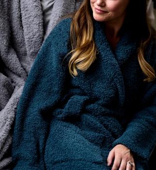 Couple wearing the cozy Ultra Plush Robe in grey & lagoon