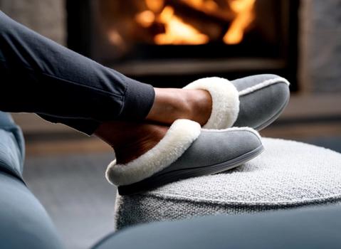 Woman's feet propped up wearing Ash Signature Slipper and Charcoal jogger
