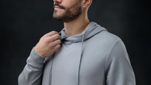 Men's Essential Hoodie detail in smoke