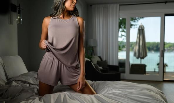 Woman staying cool in Modal Pajamas in lilac