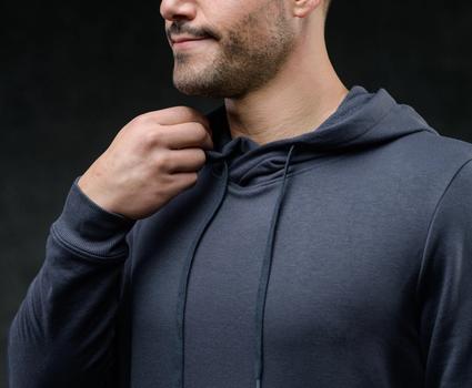 Men's Essential Hoodie detail in storm