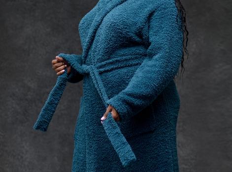 Showcasing dual loop, inner modestly loop, and fit for the ultra plush robe