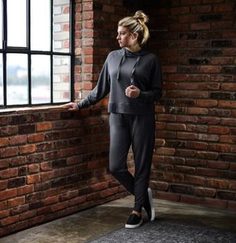 Women wearing the luxuriously soft Essential Hoodie & Jogger in charcoal