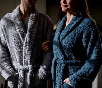 Couple wearing the cozy Ultra Plush Robe in grey & lagoon