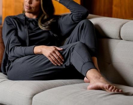 Women wearing the luxuriously soft Essential Jogger in charcoal