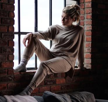 Women wearing the luxuriously soft Essential Tunic & Jogger in bone