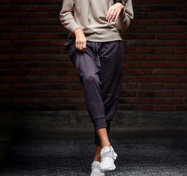 Women wearing the luxuriously soft Essential Hoodie in bone & Jogger in fig