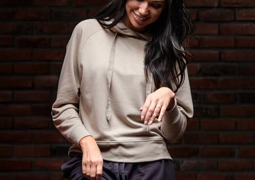 Women wearing the luxuriously soft Essential Hoodie in bone & Jogger in fig