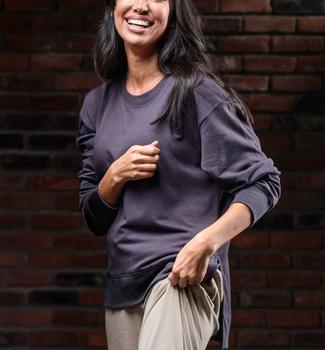 Women wearing the luxuriously soft Essential Tunic in Fig & Jogger in bone