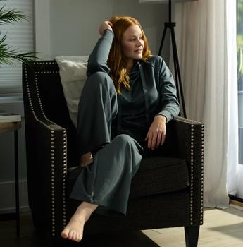 Women wearing the luxuriously soft Essential Hoodie & Wide-Leg Pant in spruce