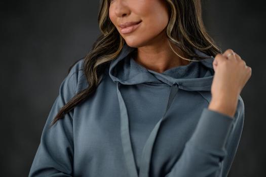 Women's Essential Hoodie detail in spruce
