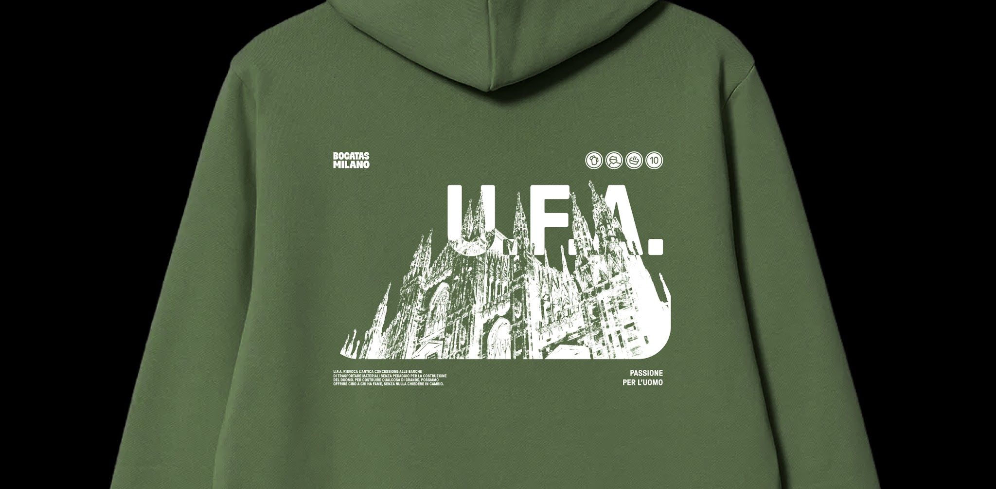 Retro della felpa U.F.A. con il Duomo di Milano
