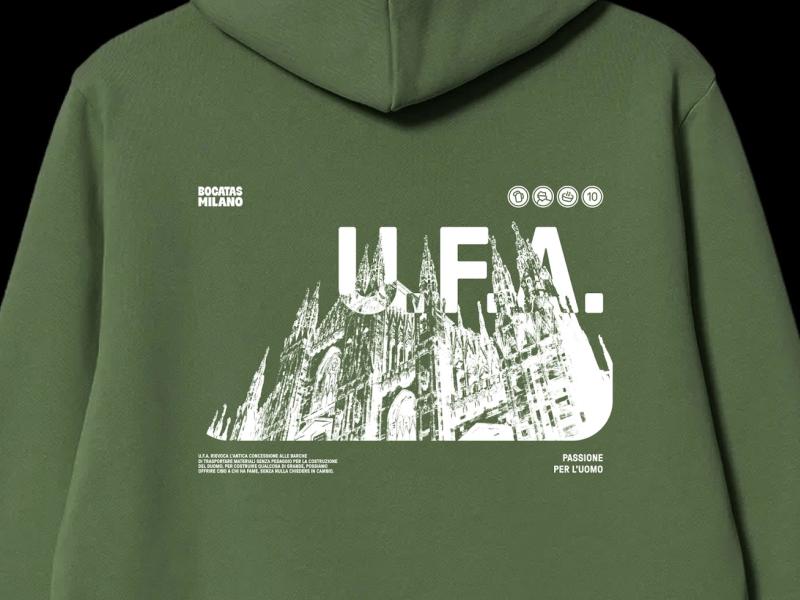 Retro della felpa U.F.A. con il Duomo di Milano