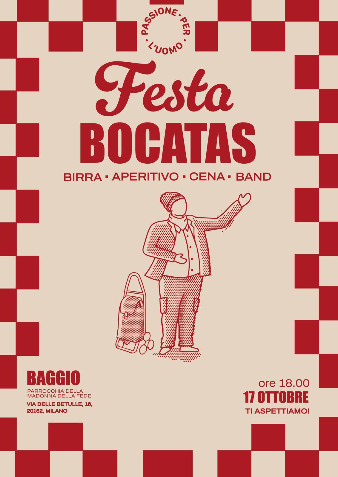 Locandina festa di bocatas. Aperitivo. Cena. Band. Birra.