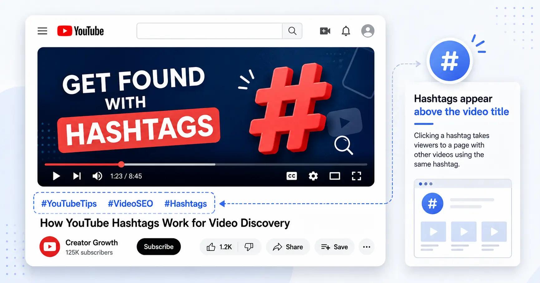 how youtube hashtags work above the title