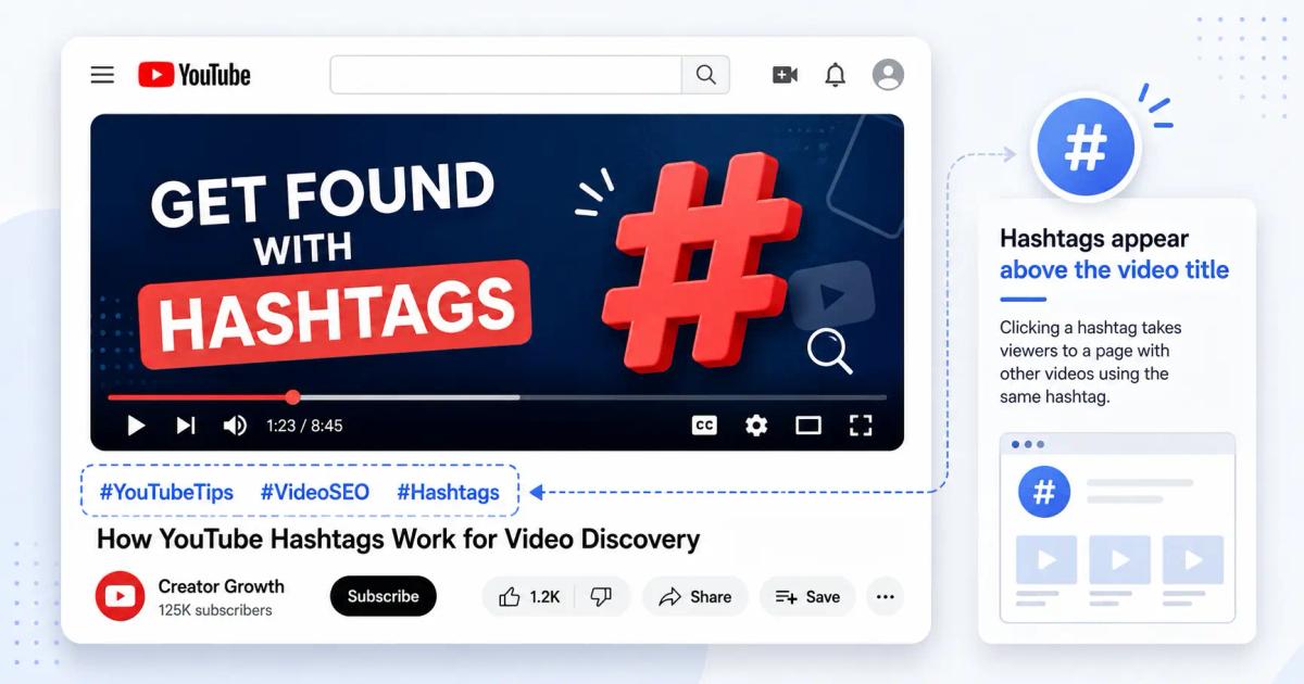 how youtube hashtags work above the title